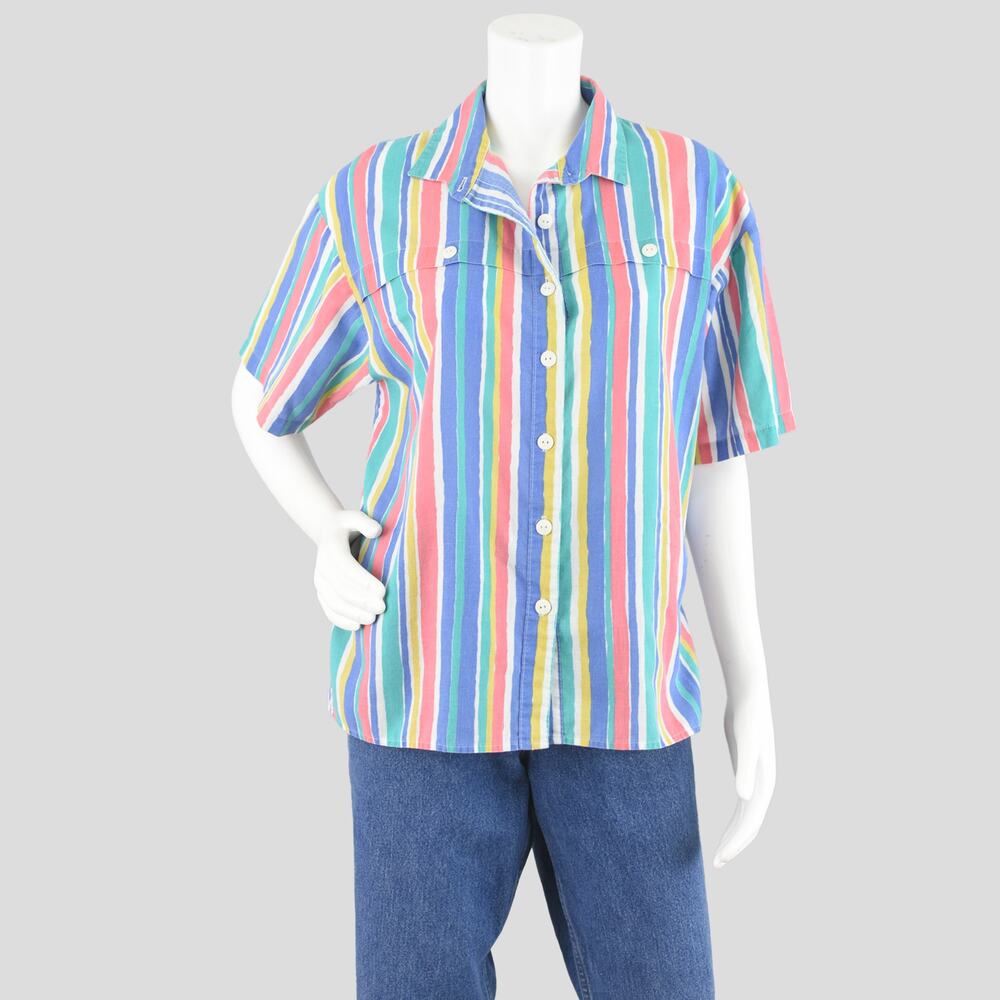 80s Retro Striped Short Sleeve Summer Shirt Women's Size 12